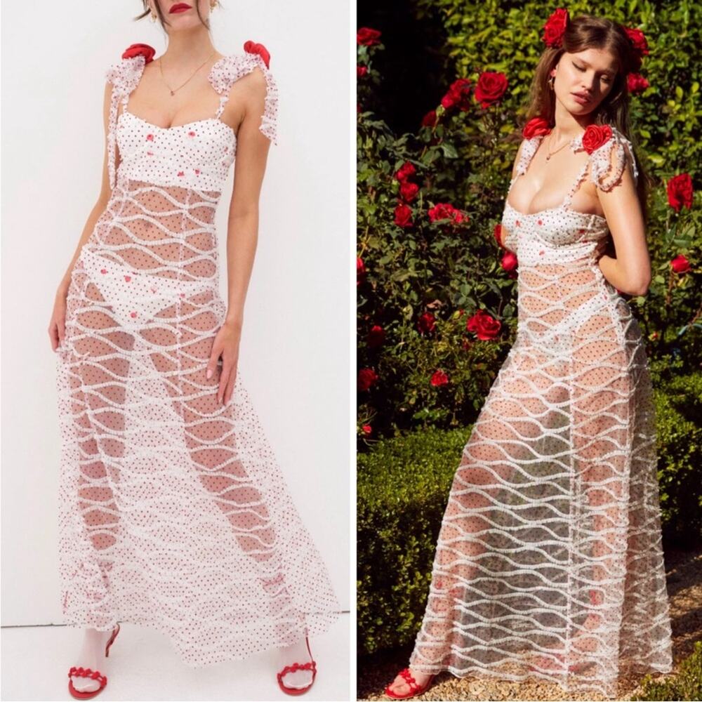 FOR LOVE & LEMONS Giada Sheer Polkadot Rose Rosette Maxi Dress Size XS